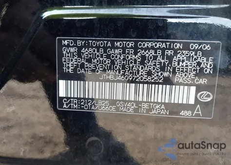 2007 Lexus Es 350 из США, поврежденный, VIN JTHBJ46G972058252